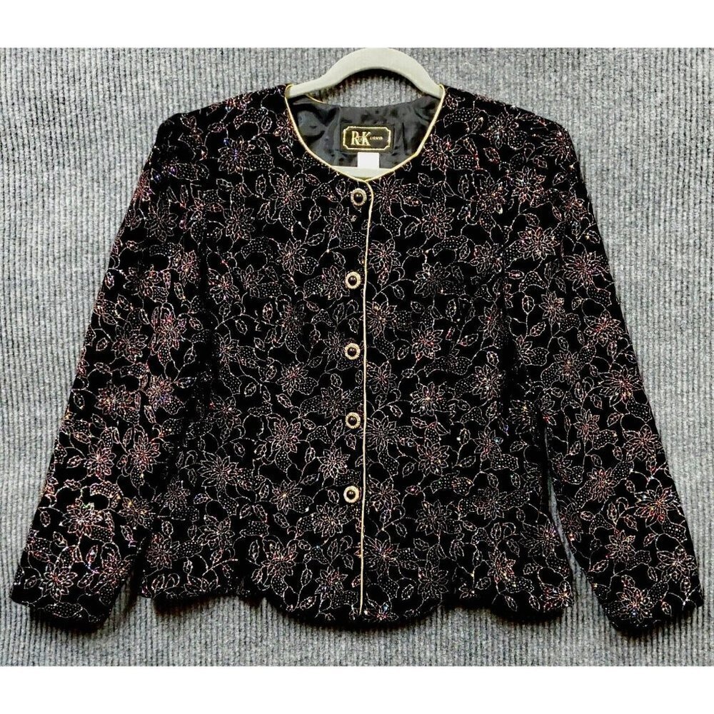 VINTAGE R&K Evening Blazer Jacket Women's 8P Black Velvet Floral Glitter Formal